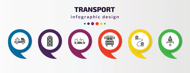 Poster - transport infographic template with icons and 6 step or option. transport icons such as loaded truck side view, semaphore, go kart, school van, way, space rocket launch vector. can be used for
