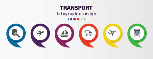 Poster - transport infographic template with icons and 6 step or option. transport icons such as hands free device, planes, sailing, shipping and delivery, air transport, bus front with driver vector. can be
