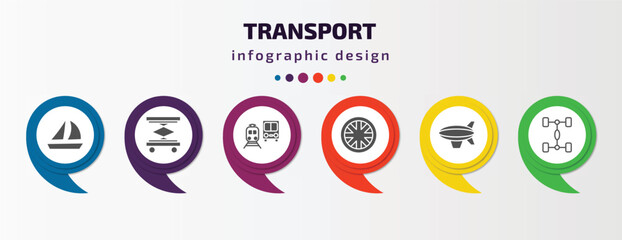 Poster - transport infographic template with icons and 6 step or option. transport icons such as sailing boat with veils, lifter, public transportation, alloy wheel, blimp, chassis vector. can be used for