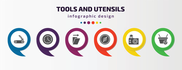 Poster - tools and utensils infographic template with icons and 6 step or option. tools and utensils icons such as penknife, circular clock, shear, cardinal, camera with flash, empty shopping basket vector.