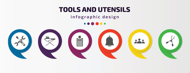 Poster - tools and utensils infographic template with icons and 6 step or option. tools and utensils icons such as reparation, iron table, printing calculator, hanging bell, squad, forceps vector. can be
