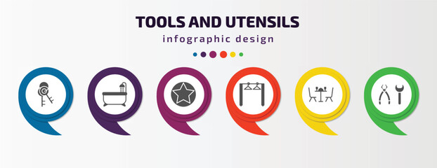 Poster - tools and utensils infographic template with icons and 6 step or option. tools and utensils icons such as key ring, bath tub, highlight, clothes rack, dining, tools utensils vector. can be used for