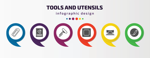 Poster - tools and utensils infographic template with icons and 6 step or option. tools and utensils icons such as attachments, telephone agenda, auger, basic square, hole puncher, edit tools vector. can be