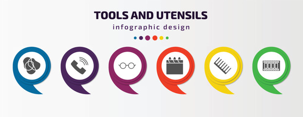 Poster - tools and utensils infographic template with icons and 6 step or option. tools and utensils icons such as rubber bands, ringing, reading glasses, calendar page, combs, film strip photograms vector.