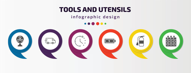 Poster - tools and utensils infographic template with icons and 6 step or option. tools and utensils icons such as table fan, postage, time left, charged battery, flame extinguisher, calendar with six days