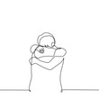 © Kamila Bay - two people tightly hugging each other with their faces buried - one line drawing vector. concept weep together, comfort each other, a strong hug of missed people, a family mourns grief
