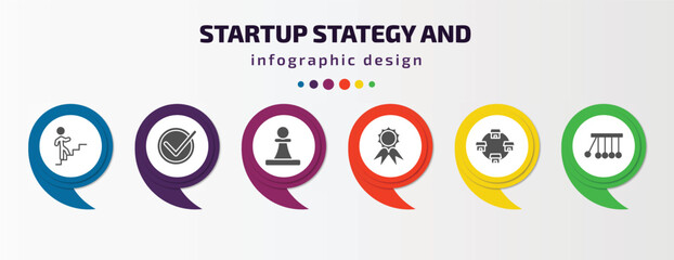 Aufkleber - startup stategy and infographic template with icons and 6 step or option. startup stategy and icons such as career ladder, accept, pawn, quality, franchise, reaction vector. can be used for banner,