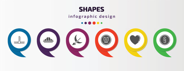 Poster - shapes infographic template with icons and 6 step or option. shapes icons such as engine coolant, reign, moon and broom, undelined, black heart, paragraph vector. can be used for banner, info graph,
