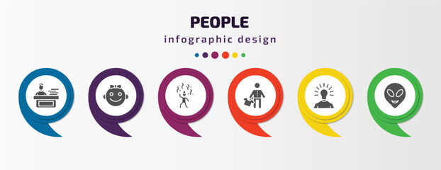 Poster - people infographic template with icons and 6 step or option. people icons such as working at the office, baby smile, man partying, salesman working, man with idea, alien smile vector. can be used