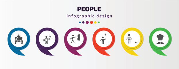 Poster - people infographic template with icons and 6 step or option. people icons such as sumo fighter, ticket collector, man throwing a dart, boy with balloon, war prisioner, chief vector. can be used for