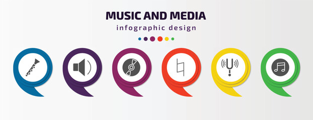 Poster - music and media infographic template with icons and 6 step or option. music and media icons such as oboe, low volume speaker, music record, natural, diapason, flat vector. can be used for banner,