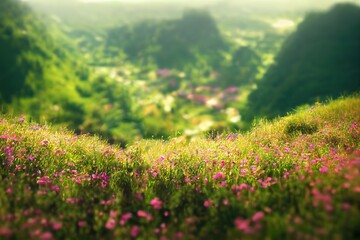 Canvas Print - There are pink-colored wildflowers growing in the green meadow. 3D illustration