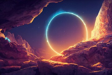 Poster - In a gorge of rocks under a starry sky, the circle is illuminated with neon. 3D rendering