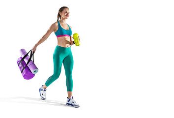 sports transparent background. beautiful slim sporty young girl is preparing for joint training.