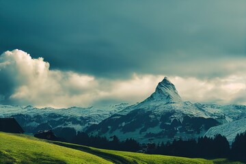 Poster - Green grass grows in a meadow at the foot of the mountains. 3D illustration