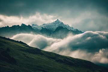 Poster - Dense clouds separate the snow-covered mountains and the green valley. 3D illustration