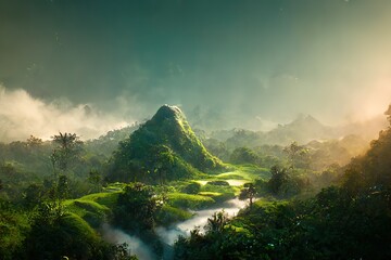 Poster - A panoramic landscape of green jungle illuminated by the light of the sun's rays. 3D illustration