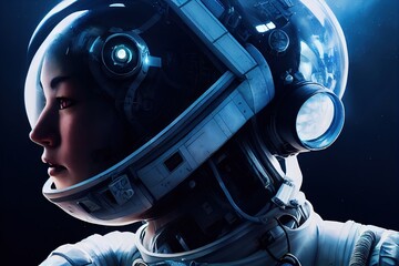 Poster - The astronaut's helmet is attached to a white protective suit on a black background. 3D rendering