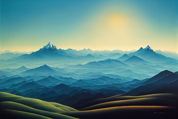 Poster - The canvas of a watercolor painting depicts mountains and plains. 3D rendering