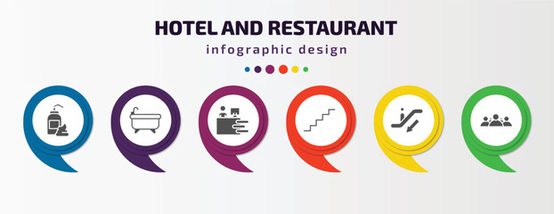 Poster - hotel and restaurant infographic template with icons and 6 step or option. hotel and restaurant icons such as lotion, bathtub, receptionist, stairway, or down, people vector. can be used for banner,