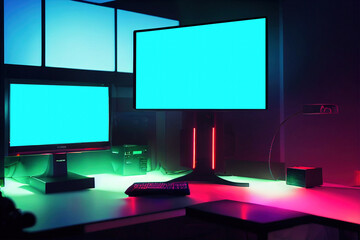 Poster - TV screens and monitors are turned on in the game room. 3D illustration