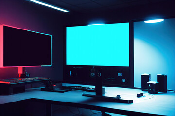 Poster - In the office there are two monitors, speakers and a keyboard on a white desk. 3D rendering