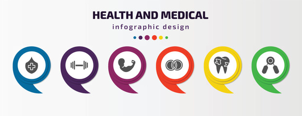 Poster - health and medical infographic template with icons and 6 step or option. health and medical icons such as medical shield, exercise, arm, rings, caries, handgrip vector. can be used for banner, info