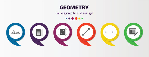 Poster - geometry infographic template with icons and 6 step or option. geometry icons such as polygonal mountains, copy, dimensions, lengthen, line, properties vector. can be used for banner, info graph,