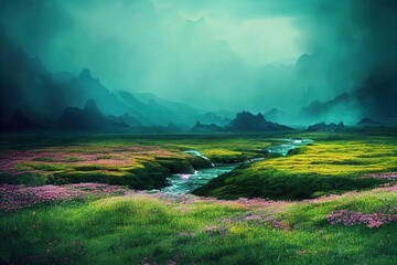 Poster - A mountain river flows from the top of a mountain range into a green valley. 3D rendering