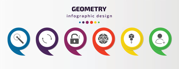 Poster - geometry infographic template with icons and 6 step or option. geometry icons such as quick selection, reverse, unlock, metatron cube, front, join vector. can be used for banner, info graph, web,