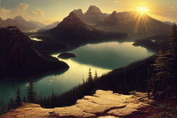 Poster - The sun rises over the valley near the river and the mountain range. 3D illustration