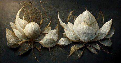 Wall Mural - two open lotus blossoms in white on a gray background. 3d illustration