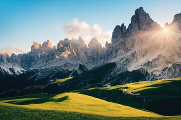 Poster - The sun shines through the gorges of the high mountains to illuminate the plain. 3D illustration