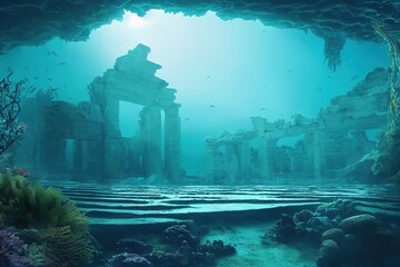 a large mass of ocean water covered the ruined temple. 3d rendering