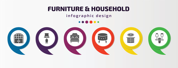 Poster - furniture & household infographic template with icons and 6 step or option. furniture & household icons such as double door, table lamp, headboard, footstool, lowboy, glassware vector. can be used