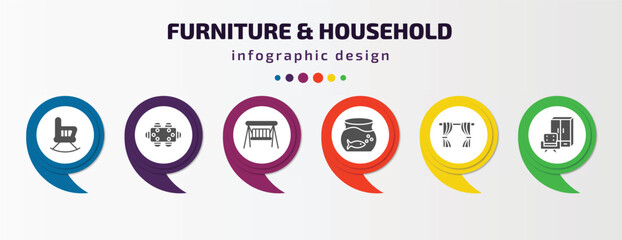 furniture & household infographic template with icons and 6 step or option. furniture & household icons such as rocking chair, dining table, porch swing, fish bowl, curtains, furniture vector. can