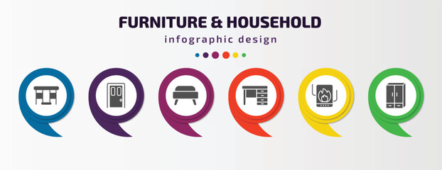 Poster - furniture & household infographic template with icons and 6 step or option. furniture & household icons such as gateleg table, door, ottoman, desk, heating unit, cupboard vector. can be used for