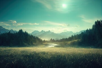 Poster - A field of dry grass grows between green pines at the foot of a mountain range. 3D illustration
