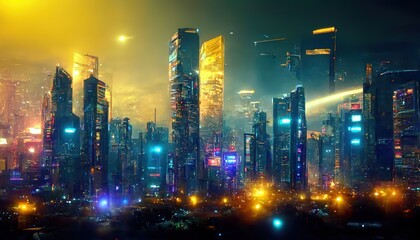 Aufkleber - The night metropolis is illuminated by the light of lanterns. 3D illustration
