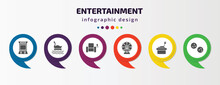 Entertainment Infographic Template With Icons And 6 Step Or Option. Entertainment Icons Such As Arcade Hine, Swan Boat, Cinema Seat, Ferris Wheel, Sandbox, Pom Pom Vector. Can Be Used For Banner,