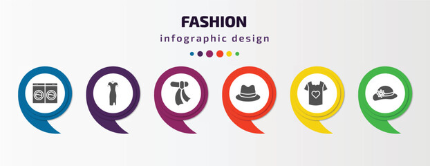 fashion infographic template with icons and 6 step or option. fashion icons such as laundry zone, cheongsam, wool scarf, fedora, t shirt with heart, round hat vector. can be used for banner, info