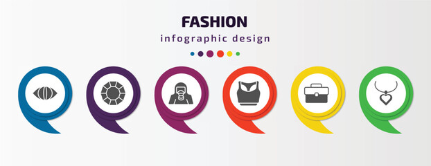 Poster - fashion infographic template with icons and 6 step or option. fashion icons such as cat eyes, precious stone, hazmat, sportswear, office briefcase, heart pendant vector. can be used for banner, info