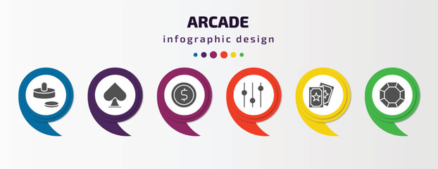 Aufkleber - arcade infographic template with icons and 6 step or option. arcade icons such as air hockey, spades