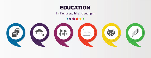 Poster - education infographic template with icons and 6 step or option. education icons such as various files, graduation mortarboard, communicating vessels, sinusoid, eco book, blackboard eraser vector.