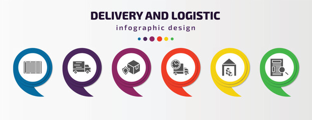 Poster - delivery and logistic infographic template with icons and 6 step or option. delivery and logistic icons such as barcode, transportation, delivery shield, time, warehouse, waybill vector. can be used