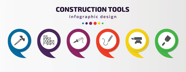 Poster - construction tools infographic template with icons and 6 step or option. construction tools icons such as screw, scaffolding, iron soldering, drawing, anvil, gardening palette vector. can be used