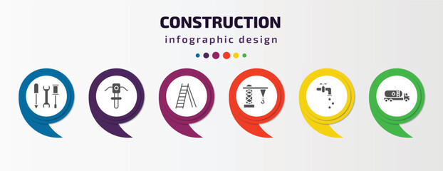 Poster - construction infographic template with icons and 6 step or option. construction icons such as three tools, inclined picker, double ladder, derrick facing right, stopcock, tank truck vector. can be