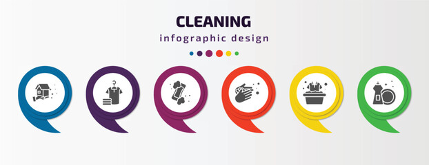 Poster - cleaning infographic template with icons and 6 step or option. cleaning icons such as cleaning house, laundry, hand soap, hand washing, clothes dish soap vector. can be used for banner, info graph,