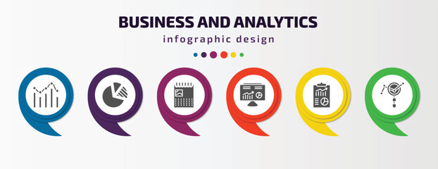 Poster - business and analytics infographic template with icons and 6 step or option. business and analytics icons such as graph, pie chart diagram, wall calendar, hash rate, business plan, market research