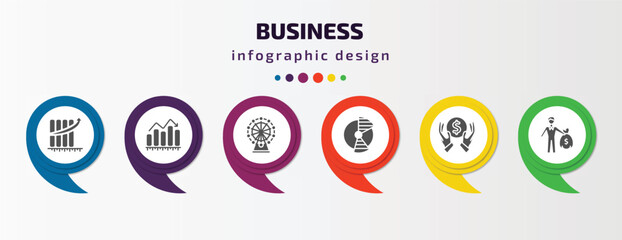 business infographic template with icons and 6 step or option. business icons such as measuring success, increase rate, ferris wheels, portion pie chart, dollar money protection, man carrying money